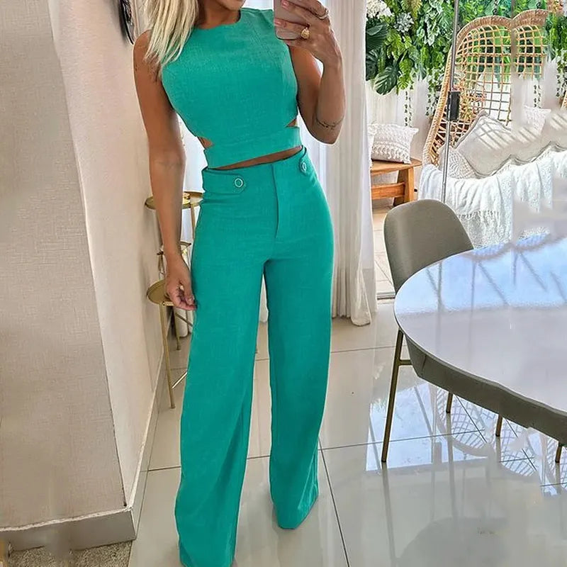 Jhara - Elegante completo crop top e pantaloni a vita alta